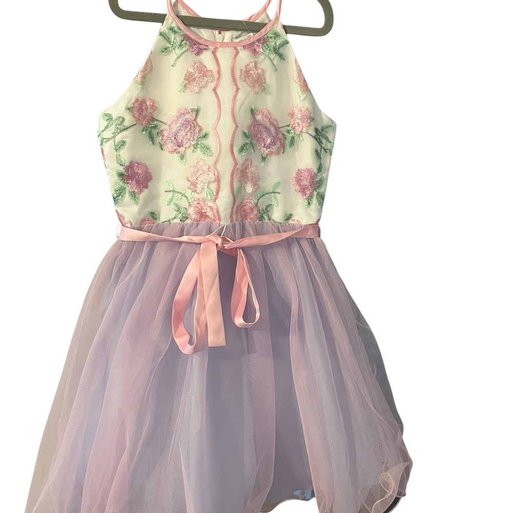 Floral Embroidered Halter Dress with Pink Tulle Skirt
